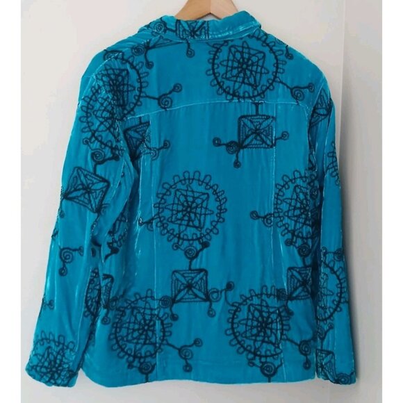 Vtg Chico’s Velvet Embroidered Button Down Silk Jacket Top Size 1 Medium 8 Blue - Picture 6 of 8